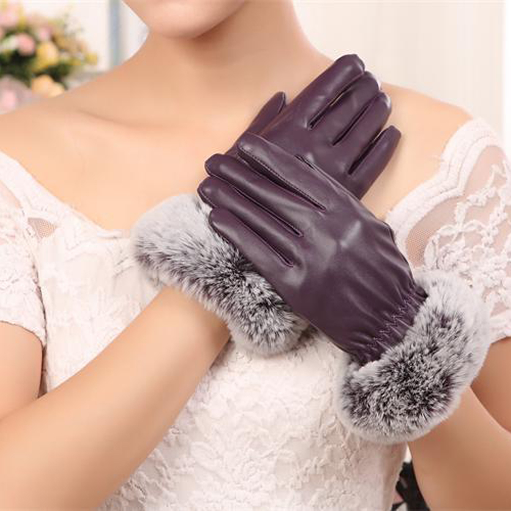 SZ60071-4 Womens Winter Touchscreen PU Leather Gloves Thermal Lining Mittens